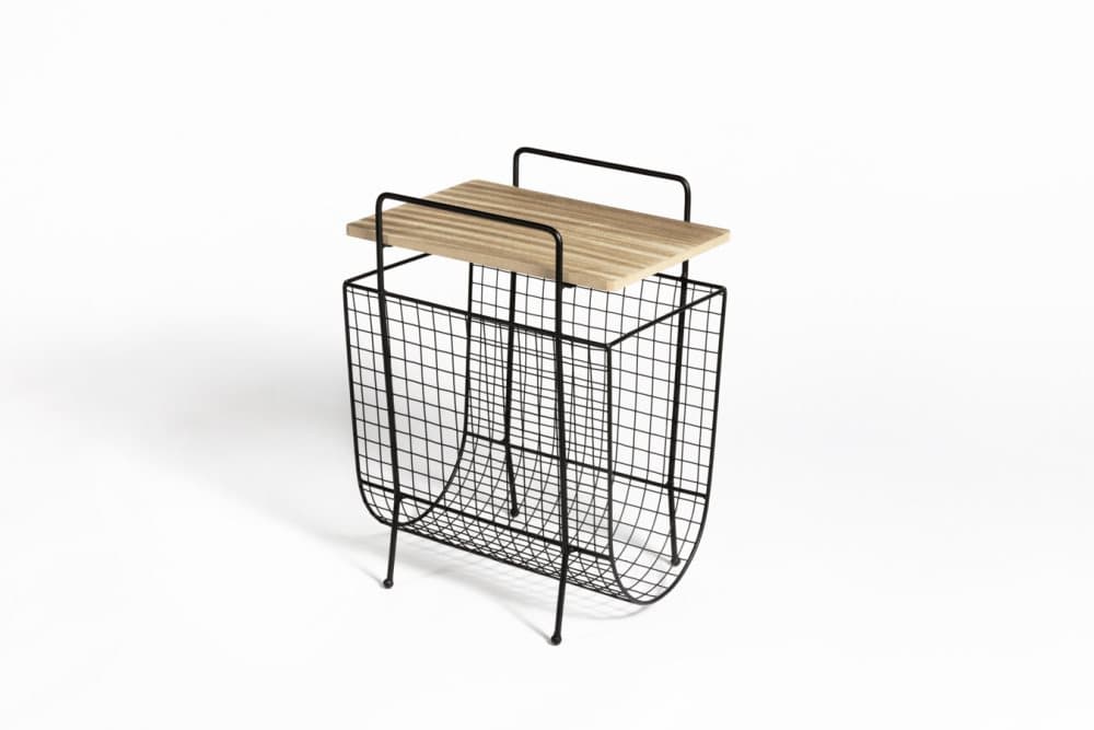 LIFA LIVING Sidobord med Tidningsställ, Litet Soffbord av Metall och MDF-trä med Förvaringsfack, String Tidningshållare, Tidningskorg i Industristil,