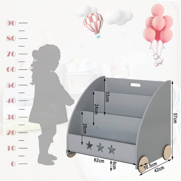Rootz barnbokhylla - Bokhylla för barn - Barnrumsmöbler - Säkra, giftfria material - Engagerande stjärndesign - Mobil med tysta hjul - 62 cm x 57 cm x
