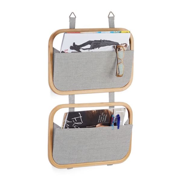 Relaxdays Vägghylla Dörrorganisatör Hängande förvaring Magasinställ Hållare 2 fickor HxBxD: 60 x 40 x 1,5 cm, Natur-Grå