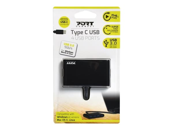 PORT Connect USB HUB 4 PORTS TYYPPI C - Keskitin - 4 x SuperSpeed USB 3.0 - pöytätietokoneet