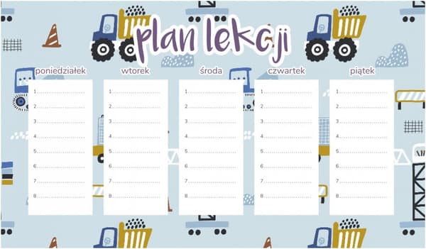 Magnetisk lektionsplan for entreprenørmaskiner på blå baggrund 30x17,5 cm