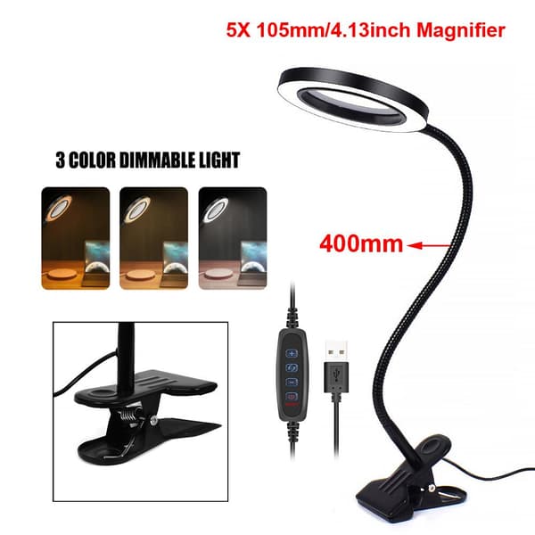 flexibel arm 5X förstoringsglas med 3-färgs LED-ljus, bordsklämma och USB-gränssnitt, bred applikation