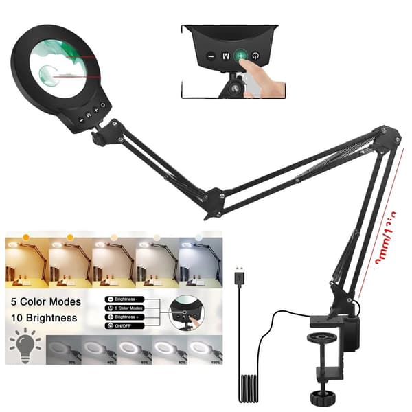 Illuminerad Förstoringsglas, 5X/10X Förstoring, Justerbart LED-ljus,4J650-9C, 5X-10X, 110 mm