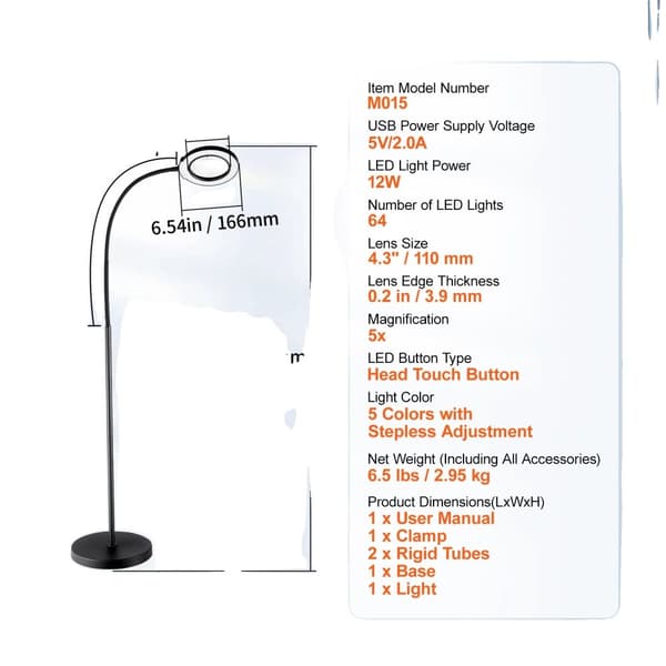 Förstoringsgolvlampa, 12W ljuseffekt, 5X förstoring,12W B