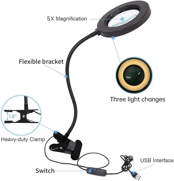 OBOSOE förstoringsglas med ljus och stativ, skrivbordslampa LED-ljus, USB-flexibel gåsnack, klipp på skrivbord och säng för läsning, hantverk