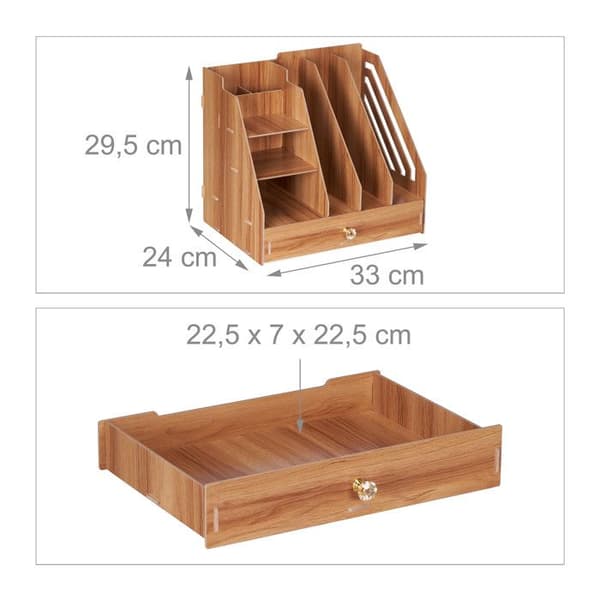 Relaxdays skrivbordorganisation, 3 dokumenthållare, 3 hyllor, 2 pennhållare, 1 låda, skola, DIY, MDF, mörkbrun