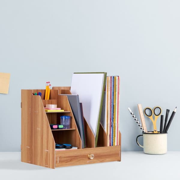 Relaxdays skrivbordorganisation, 3 dokumenthållare, 3 hyllor, 2 pennhållare, 1 låda, skola, DIY, MDF, mörkbrun