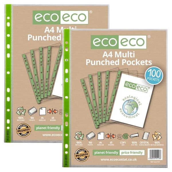 Eco-eco - eco113x10 - Premier Pack med 10 förpackningar med 100 perforerade transparenta glasfickor A4 100 % återvunnen 65 mikron