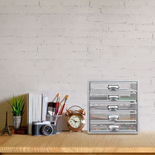 Relaxdays papperskorg, dokumenthållare, tidningsställ, 5 lådor, fack, A4-format, silver