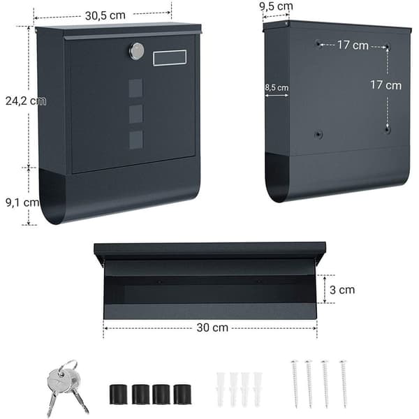 Rootz brevlåda - Väggbrevlåda - Lås - Lock - Tidningsfack - Namnskylthållare - Låsbar - Antracit - 30,5 x 9,5 x 33,3 cm