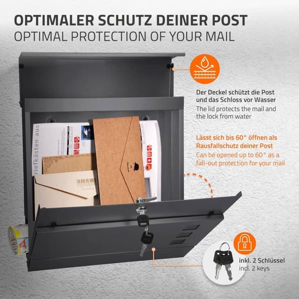 ECD Germany moderne design postkasse avisrum 37x10,5x36,5cm pulverlakeret stål antracit synsvindue 2 nøgler og monteringsmateriale - væg postkasse