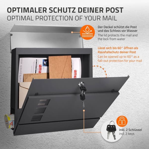 ECD Germany Modern Design letterbox med avisboks 37x10,5x36,5cm rustfrit Antracit/Sølv vindue 2 nøgle og montering materiale-væg postkasse