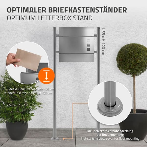 ML-Design postilaatikko jalusta valmistettu ruostumattomasta teräksestä, hopeaa metallista, kokonaiskorkeus 120 cm, pyöreä, irrotettu