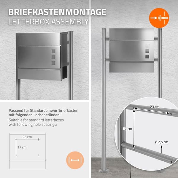 ML-Design postilaatikko jalusta valmistettu ruostumattomasta teräksestä, hopeaa metallista, kokonaiskorkeus 120 cm, pyöreä, irrotettu