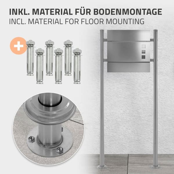 ML-Design postilaatikko jalusta valmistettu ruostumattomasta teräksestä, hopeaa metallista, kokonaiskorkeus 120 cm, pyöreä, irrotettu