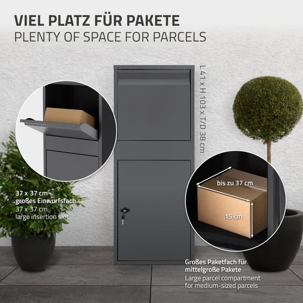 ML-Design Parcel Letterbox lavet af galvaniseret stål i antracit, 41x103x38 cm, fritliggende, låsbar, 2 nøgler, blodpladeboks Pakkeboks postkassepakke