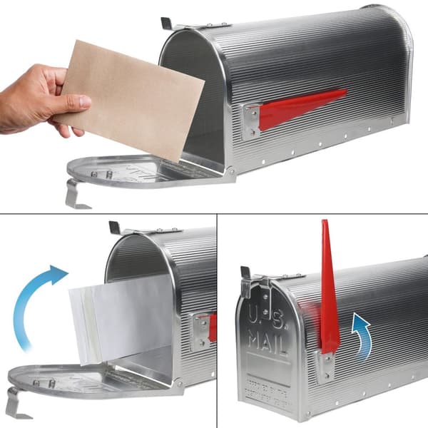 ML Design U.S. Postkasse med drejet rødt flag, sølv, aluminium, 47,5x16,5x22.5cm, retro, postkasse i amerikansk design, Wall Postbox Letterbox