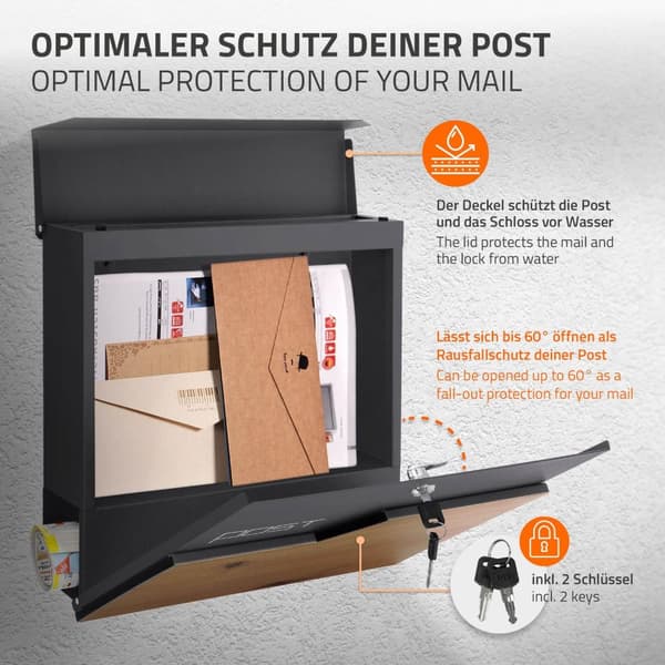 ECD Germany Stående brevlåda med tidningsfack; designbrevlåda med stolpe; brevlådanläggning; brevlådestativ Silver 120 cm rostfritt stål; postlåda