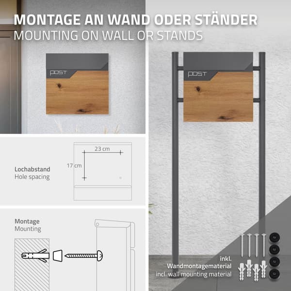 ECD Germany Stående brevlåda med tidningsfack; designbrevlåda med stolpe; brevlådanläggning; pulverlackerad antracitfärgad rostfri stålbrevlåda;