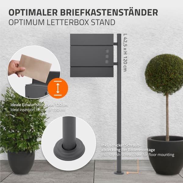ML-Design Postilaatikkoteline pulverimaalattu ruostumaton teräs; antrasiitti; kokonaiskorkeus 120 cm; pyöreä; itsenäinen; postilaatikon pylväs