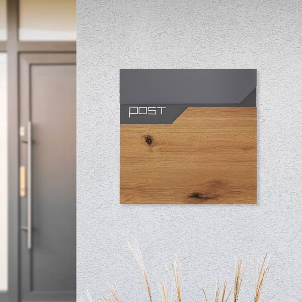 ML-Design Postilaatikko Antrasiitti-puukuviolla; pulverimaalattu ruostumaton teräs; 37x37cm; postilaatikko sanomalehtitelineellä; lukittava 2