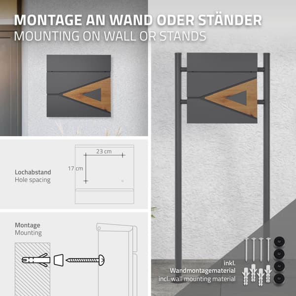 ECD Germany Stående brevlåda med tidningsfack; designbrevlåda med stolpe; brevlådanläggning; brevlådestativ antracit 120cm pulverlackerad rostfritt