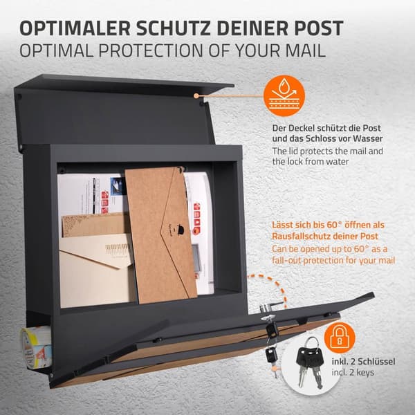 ECD Germany seisova postilaatikko lehtitelineellä; muotoiltu postilaatikko tolpan kanssa; postilaatikkoryhmä; pulverimaalattu 120 cm