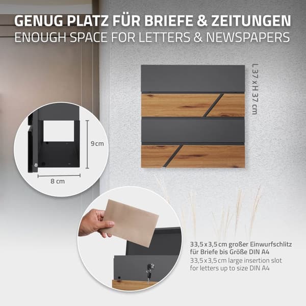 ML-Design postilaatikko 37x36;5x11 cm antrasiitti/puukuviolla teräksestä; postilaatikko sanomalehtitelineellä; lukittava 2 avaimella; moderni design