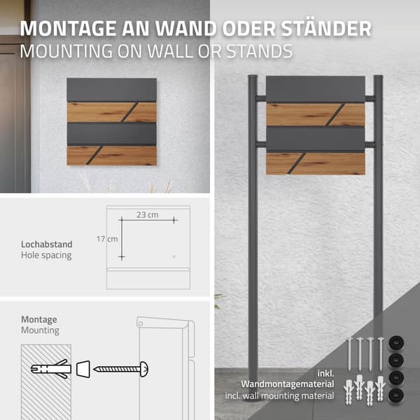 ML-Design postilaatikko 37x36;5x11 cm antrasiitti/puukuviolla teräksestä; postilaatikko sanomalehtitelineellä; lukittava 2 avaimella; moderni design
