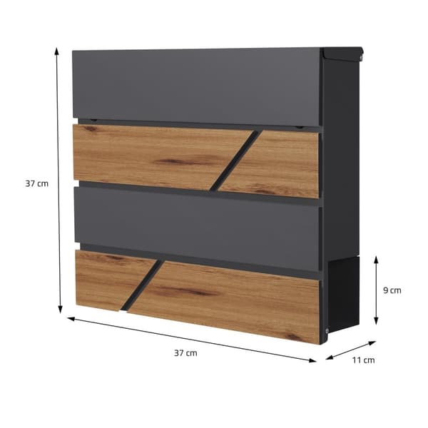 ML-Design postilaatikko 37x36;5x11 cm antrasiitti/puukuviolla teräksestä; postilaatikko sanomalehtitelineellä; lukittava 2 avaimella; moderni design
