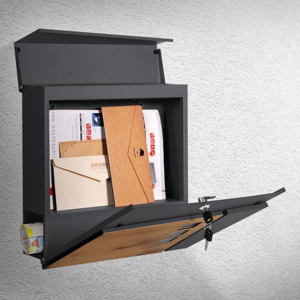 ML-Design brevlåda 37x36;5x11 cm antracit/ träoptik av stål; brevlåda med tidningsfack; låsbar med 2 nycklar; modern design väggmonterad brevlåda med