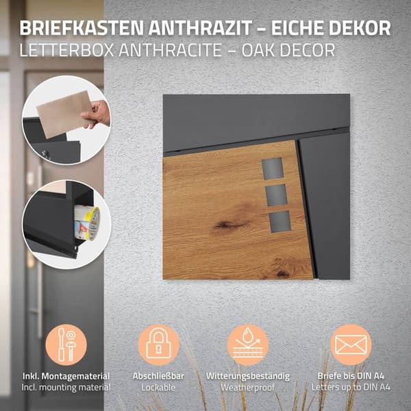 ML-Design brevlåda 37x36;5x11 cm antracit/ träoptik av stål; brevlåda med tidningsfack; låsbar med 2 nycklar; modern design väggmonterad brevlåda med