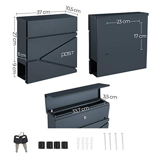 Songmics Modern Mailbox, låsbar väggmonterad postbrev, Anthracite Gray