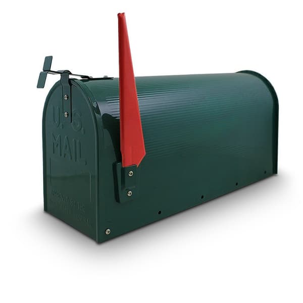 Grøn postkasse i amerikansk stil med et rødt flag