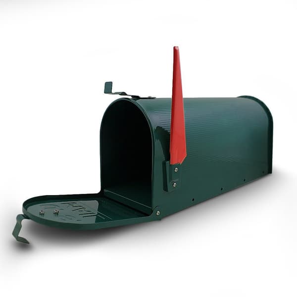 Grøn postkasse i amerikansk stil med et rødt flag