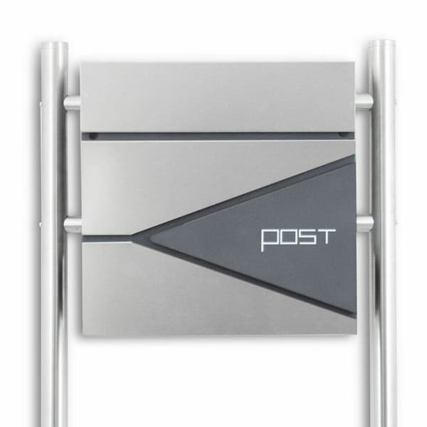 Slitstark postl?da p? stolpst�ll av inoxst?l med tidningsh?llare