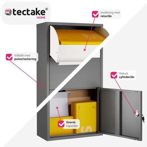 Postlåda Paketbox Fortress med säkerhetslucka, 44 x 22 x 82 cm - antracit