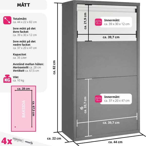 Postlåda Paketbox Fortress med säkerhetslucka, 44 x 22 x 82 cm - antracit