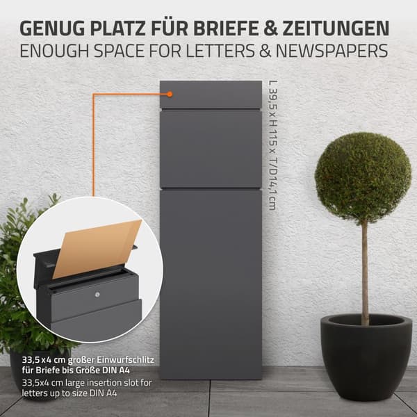 Vapaasti seisova kirjelaatikko DIN A4 asti 115 cm korkea antrasiitti ruostumaton teräs ML design