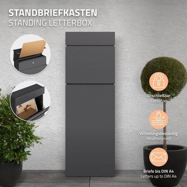Vapaasti seisova kirjelaatikko DIN A4 asti 115 cm korkea antrasiitti ruostumaton teräs ML design