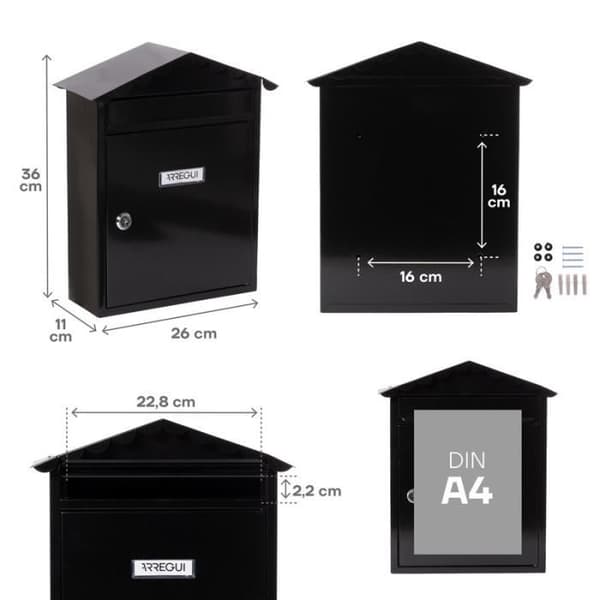 ARREGUI Visit E5744 Stålbrevlåda, A4-format, Individuell brevlåda, Väggbrevlåda, Regntät Svart