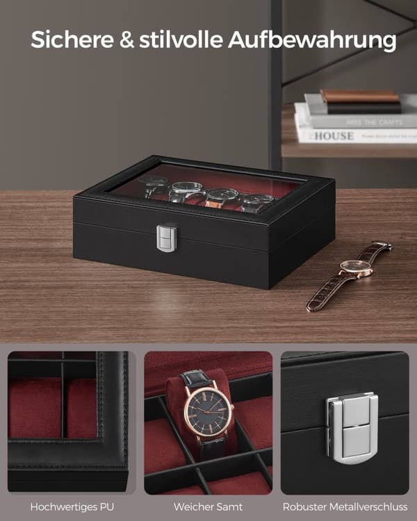 Rootz Watch Box - Musta PU-kansi - Viininpunainen samettivuori - MDF-materiaali - Lasikansi - 20,2 cm x 25,5 cm x 7,8 cm - 0,9 kg