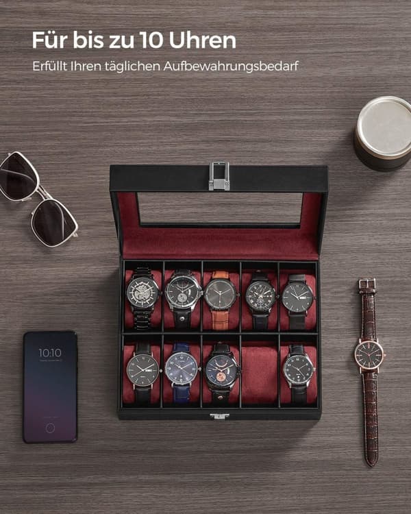 Rootz Watch Box - Musta PU-kansi - Viininpunainen samettivuori - MDF-materiaali - Lasikansi - 20,2 cm x 25,5 cm x 7,8 cm - 0,9 kg