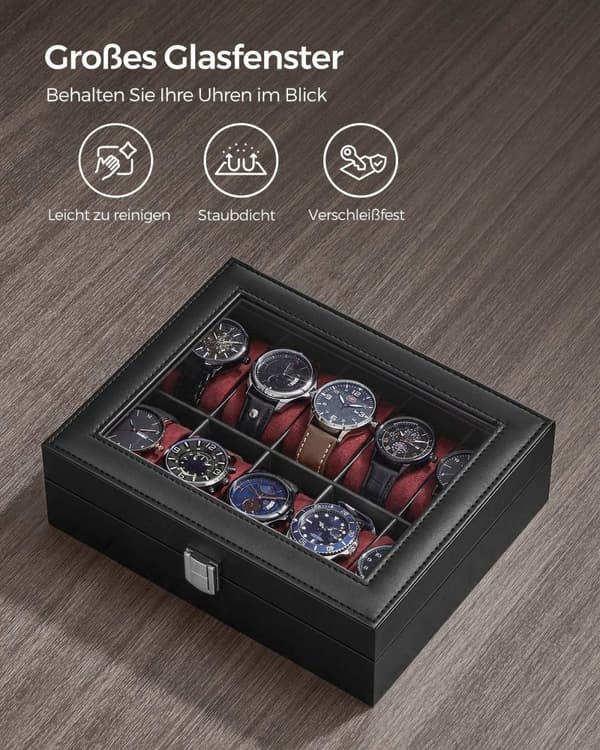 Rootz Watch Box - Musta PU-kansi - Viininpunainen samettivuori - MDF-materiaali - Lasikansi - 20,2 cm x 25,5 cm x 7,8 cm - 0,9 kg
