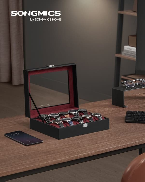 Rootz Watch Box - Musta PU-kansi - Viininpunainen samettivuori - MDF-materiaali - Lasikansi - 20,2 cm x 25,5 cm x 7,8 cm - 0,9 kg