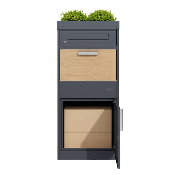 AXI Levi Metall Paketbrevlåda antracit/trälook med planteringslåda | Paketbox för flera paket | Brevlåda med lås | 50,6 x 38,3 x 117 cm