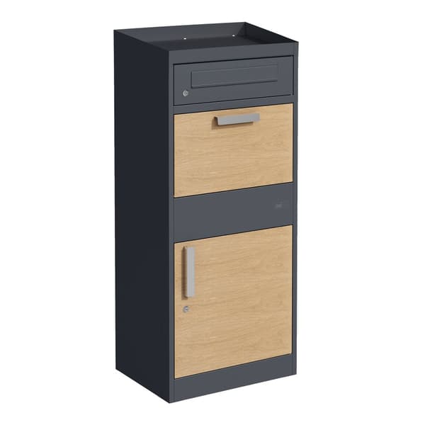 AXI Levi Metall Paketbrevlåda antracit/trälook med planteringslåda | Paketbox för flera paket | Brevlåda med lås | 50,6 x 38,3 x 117 cm