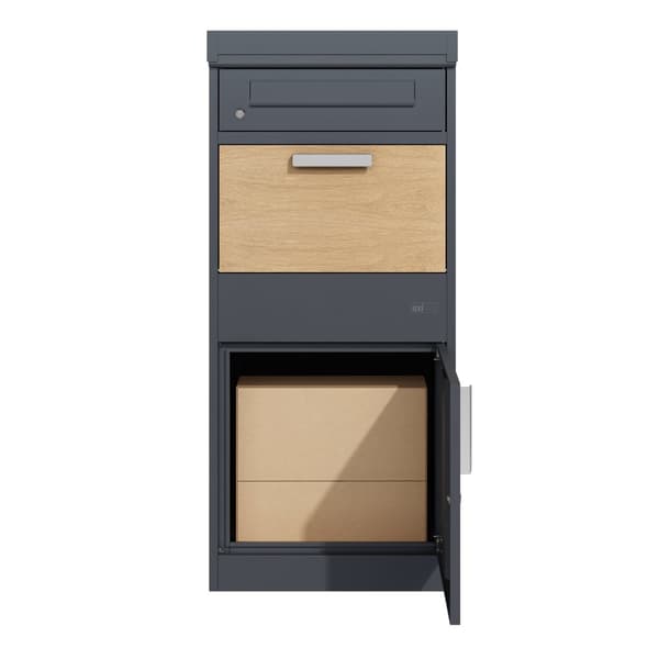 AXI Levi Metall Paketbrevlåda antracit/trälook med planteringslåda | Paketbox för flera paket | Brevlåda med lås | 50,6 x 38,3 x 117 cm
