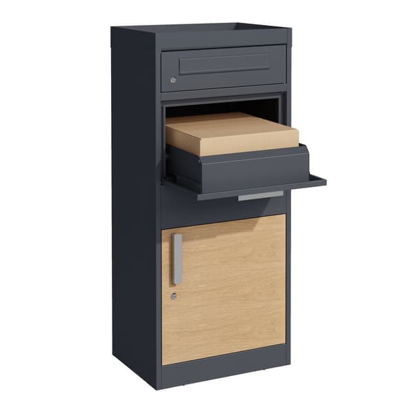 AXI Levi Metall Paketbrevlåda antracit/trälook med planteringslåda | Paketbox för flera paket | Brevlåda med lås | 50,6 x 38,3 x 117 cm