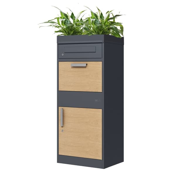 AXI Levi Metall Paketbrevlåda antracit/trälook med planteringslåda | Paketbox för flera paket | Brevlåda med lås | 50,6 x 38,3 x 117 cm